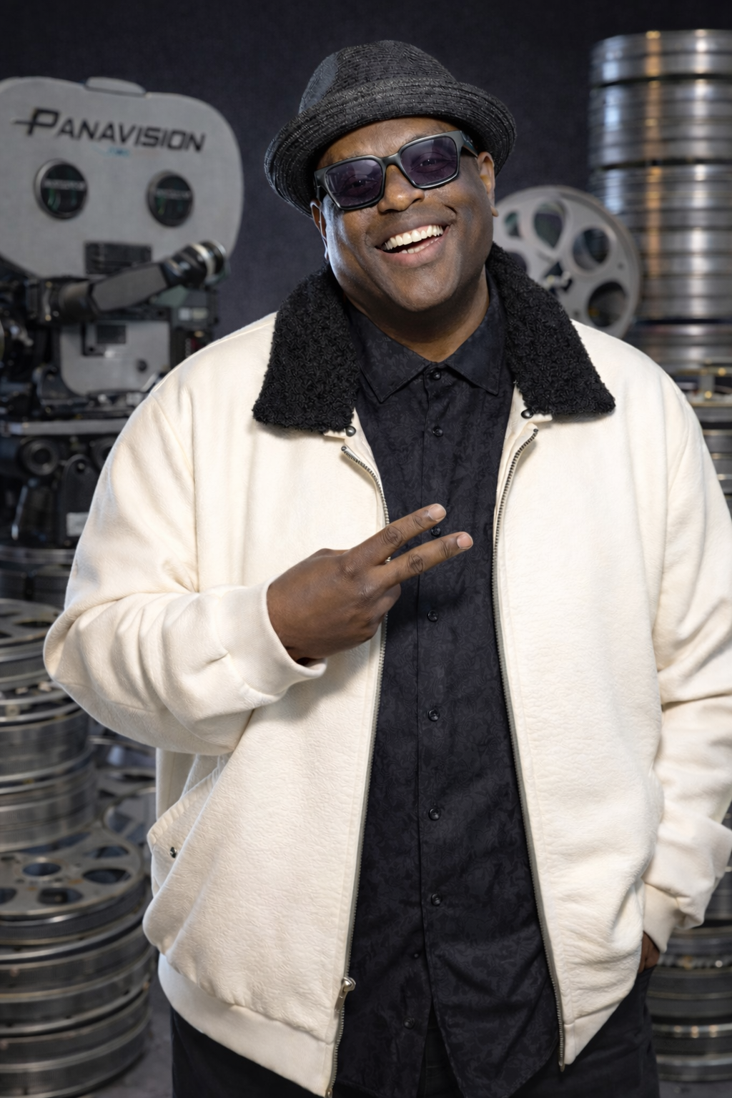 Rob Diggy Morrison smiling in front of a Panavision camera and film reels